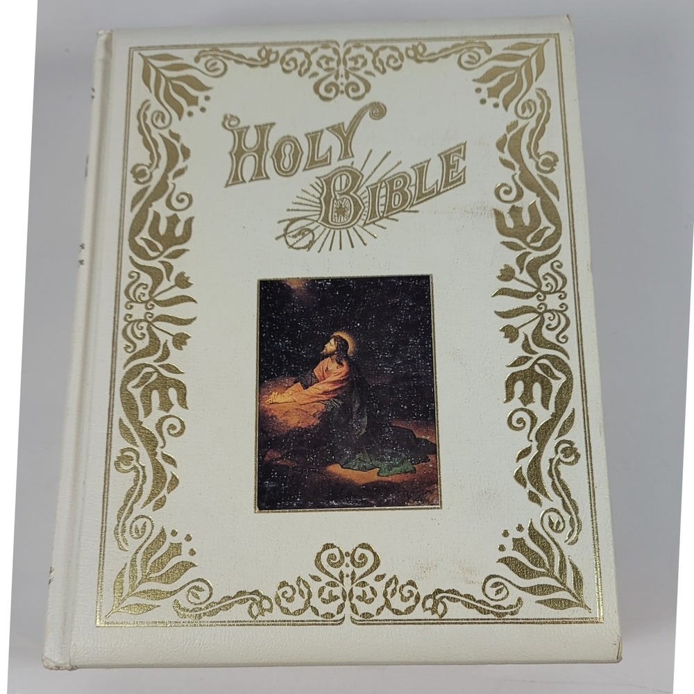 Vintage 1976 Kedeka Holy Bible King James White Gold Gilt Illustrated KJV